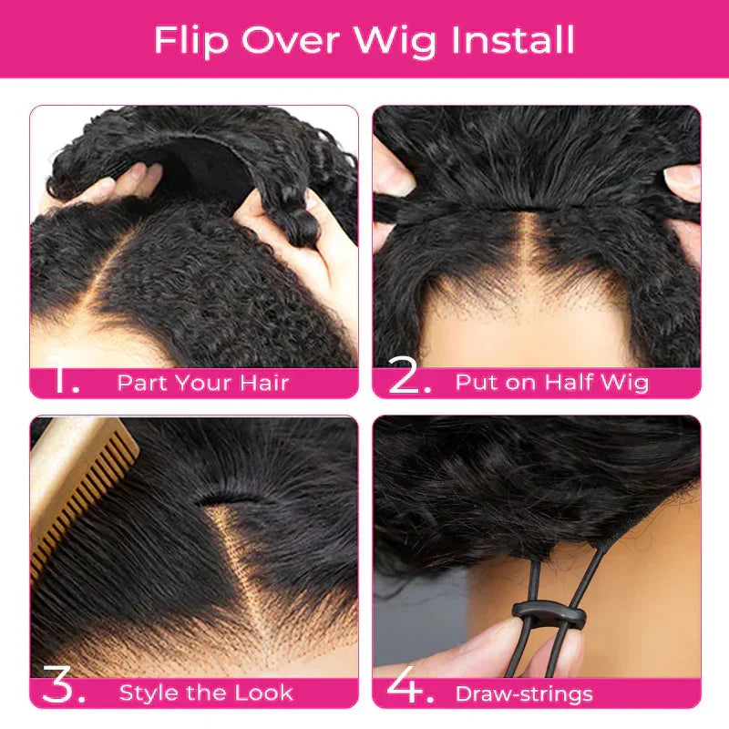 New In|Glueless Water Wave 3 In 1 Half Wig Drawstring Band Wear Go Wig Invisible Hairline