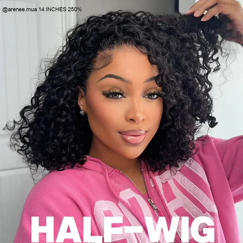 New In|Glueless Water Wave 3 In 1 Half Wig Drawstring Band Wear Go Wig Invisible Hairline