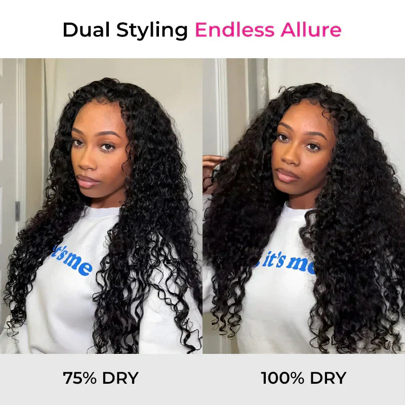 New In|Glueless Water Wave 3 In 1 Half Wig Drawstring Band Wear Go Wig Invisible Hairline