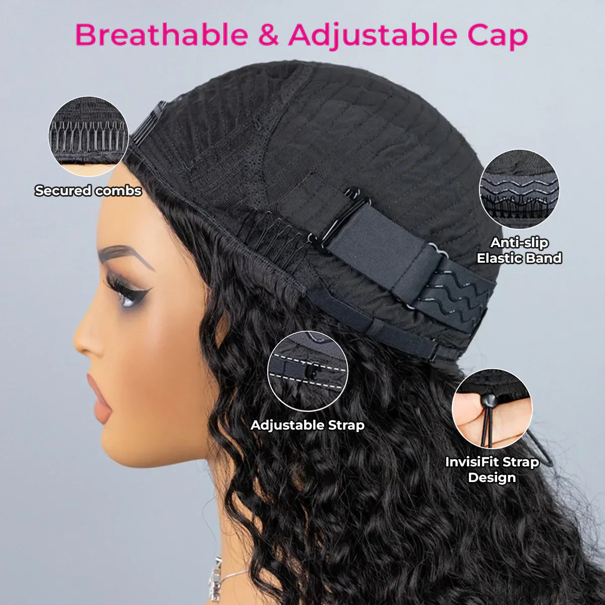 New In|Glueless Water Wave 3 In 1 Half Wig Drawstring Band Wear Go Wig Invisible Hairline
