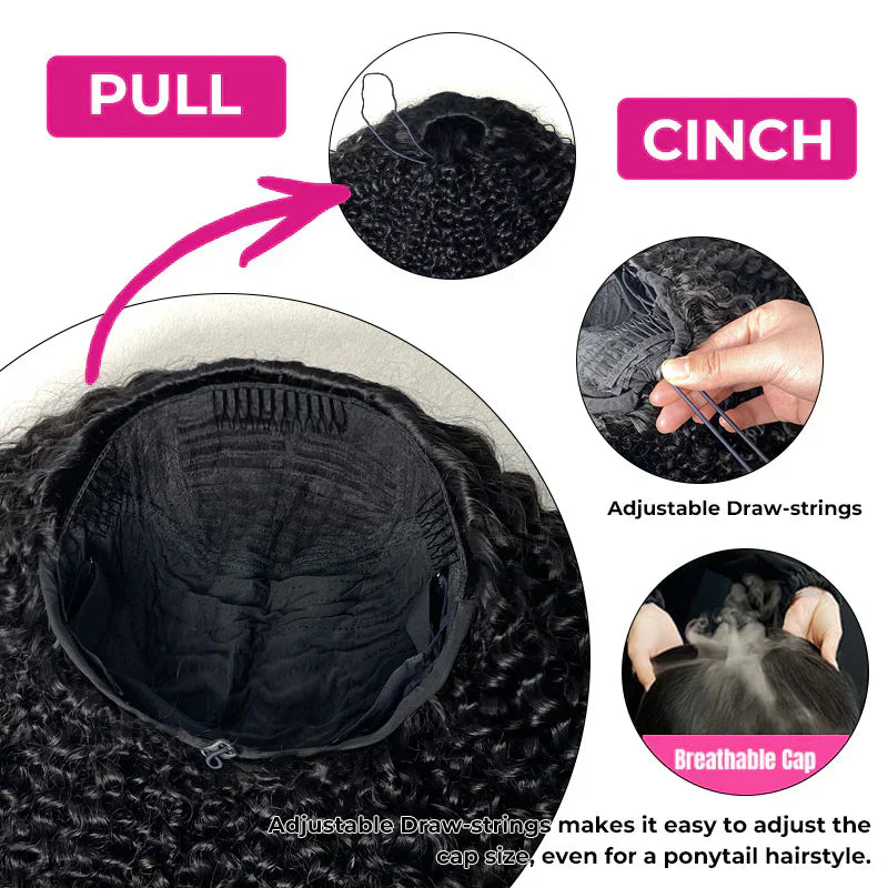 New In|Glueless Water Wave 3 In 1 Half Wig Drawstring Band Wear Go Wig Invisible Hairline