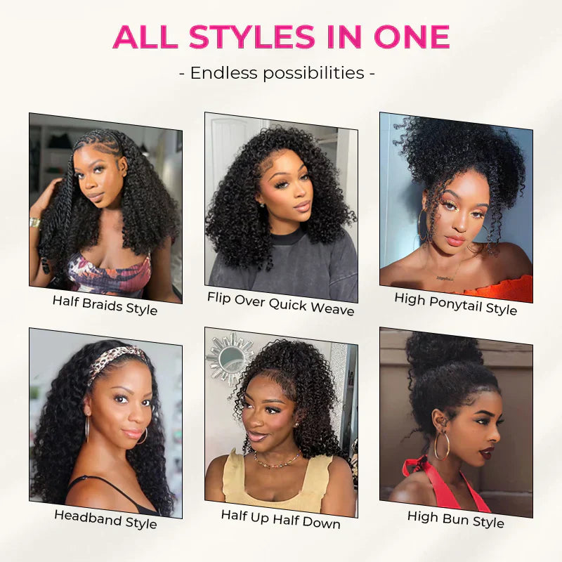 New In|Glueless Water Wave 3 In 1 Half Wig Drawstring Band Wear Go Wig Invisible Hairline
