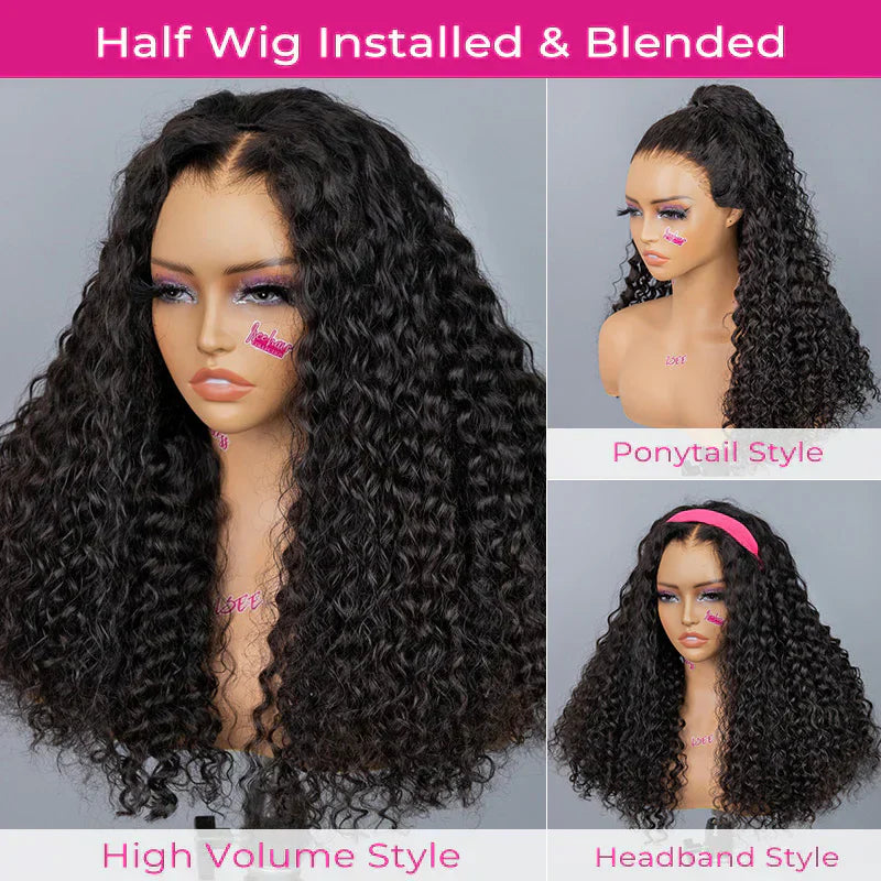 New In|Glueless Water Wave 3 In 1 Half Wig Drawstring Band Wear Go Wig Invisible Hairline