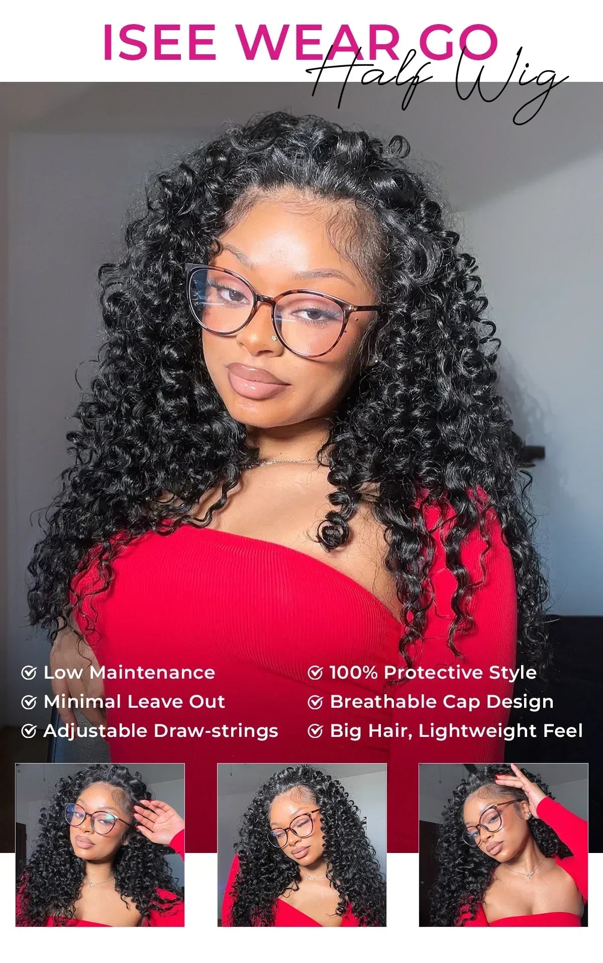 New In|Glueless Water Wave 3 In 1 Half Wig Drawstring Band Wear Go Wig Invisible Hairline